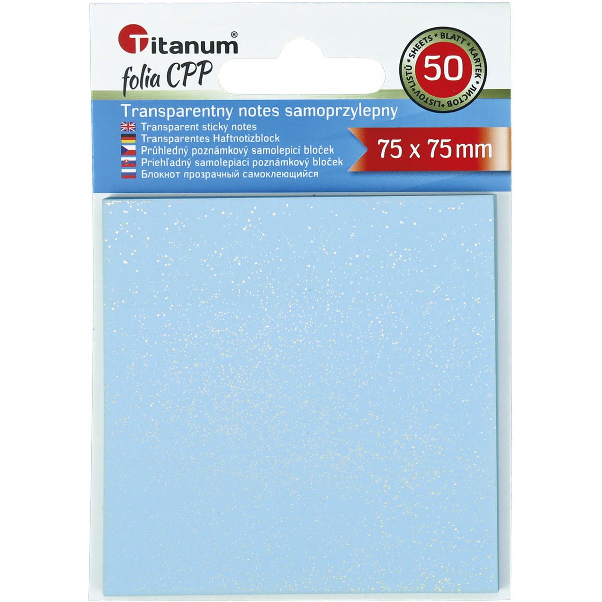Notes samoprzylepny (karteczki) Titanum transparentne, z polipropylenu 75x75 niebieski 50k [mm:] 75x75