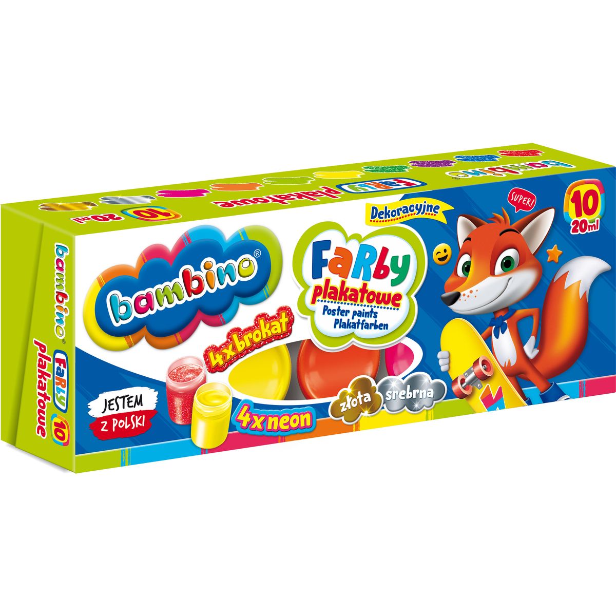 Farby plakatowe 4 x fluo + 4 brokat + srebrna i złota kolor: mix 20ml 10 kolor. St.Majewski