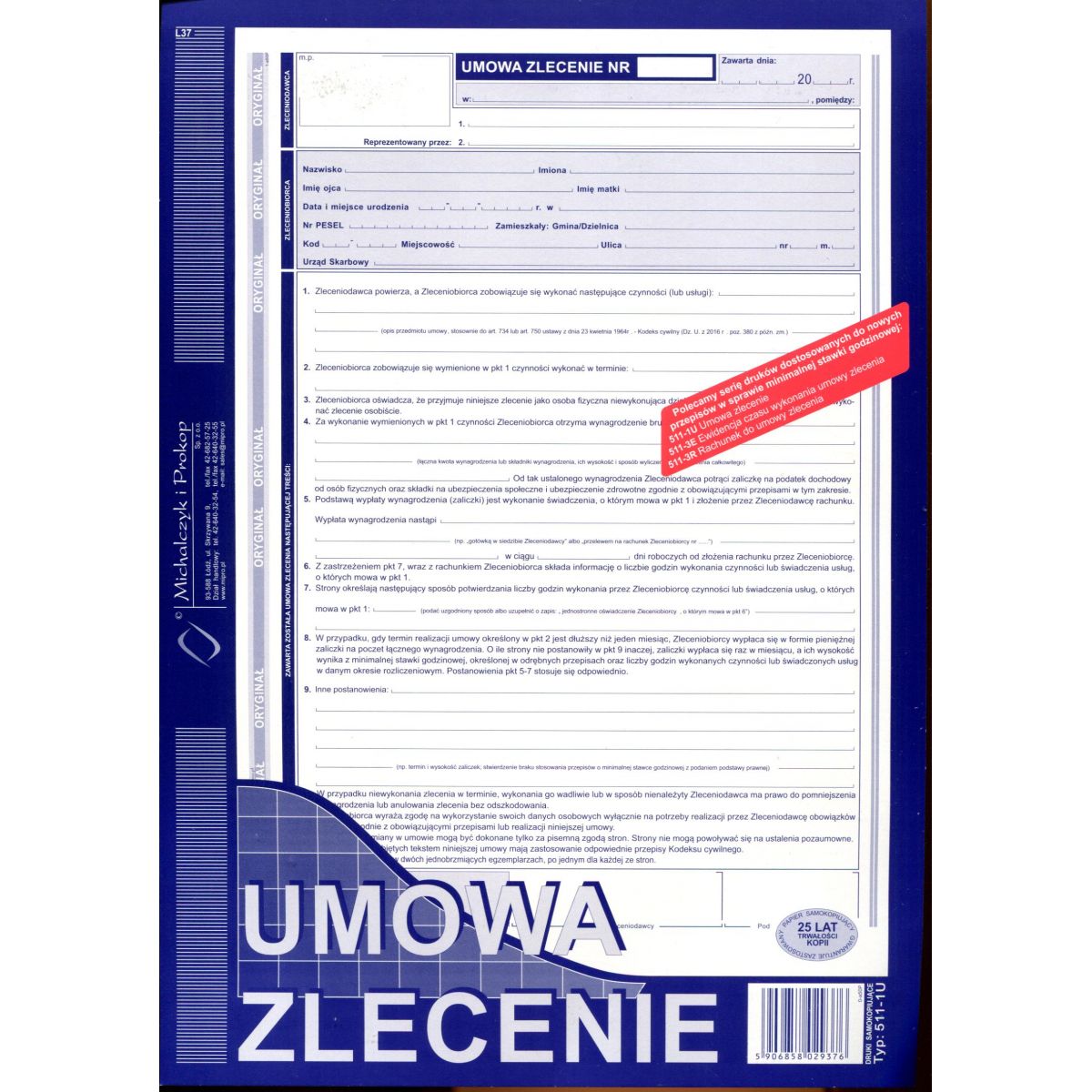 Druk samokopiujący Umowa zlecenie z rachunkiem A4 A4 40k. Michalczyk i Prokop (511-1U)