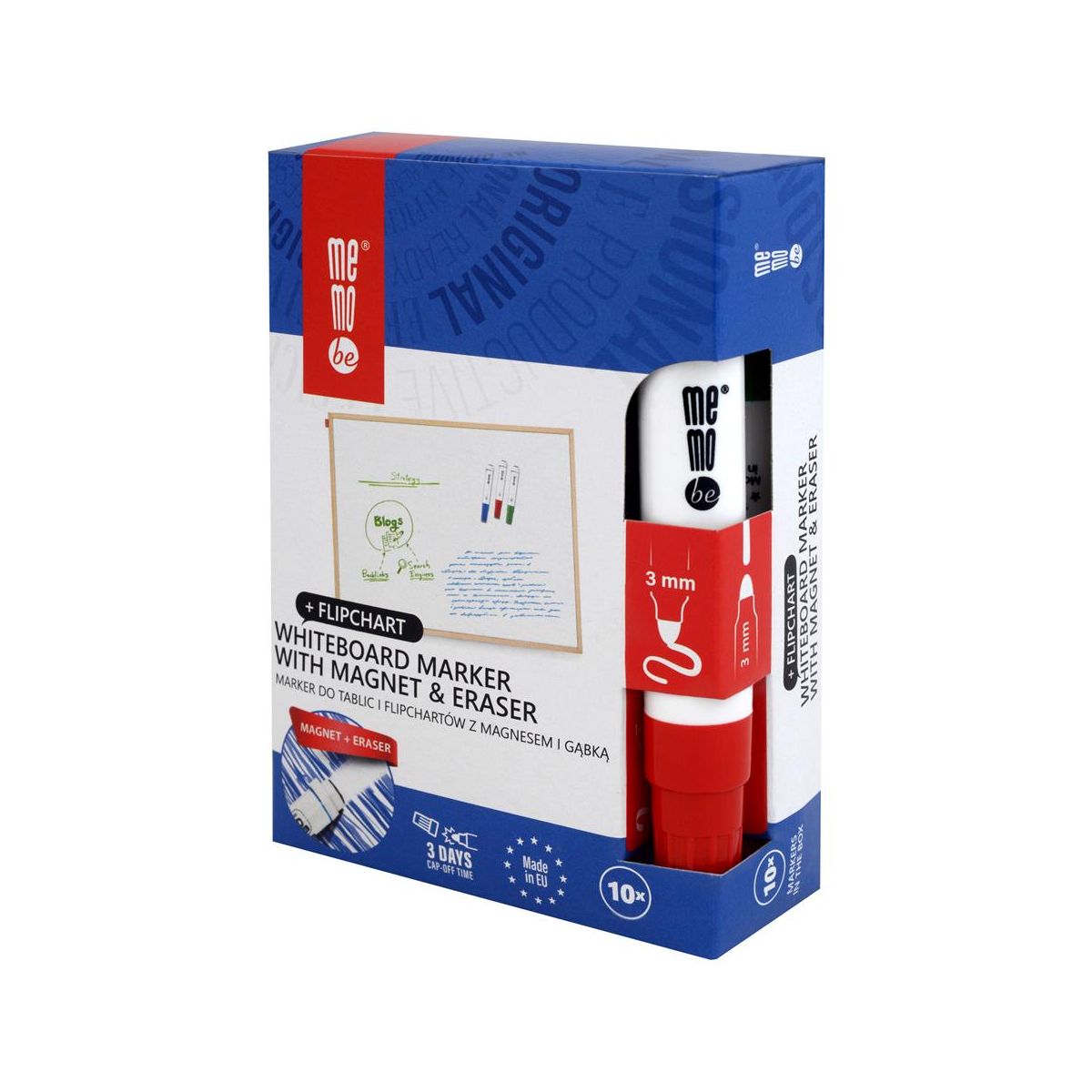 Marker suchościeralny z gąbką czerwony czerwony 1-3mm okrągła końcówka Memobe (MM351-05)