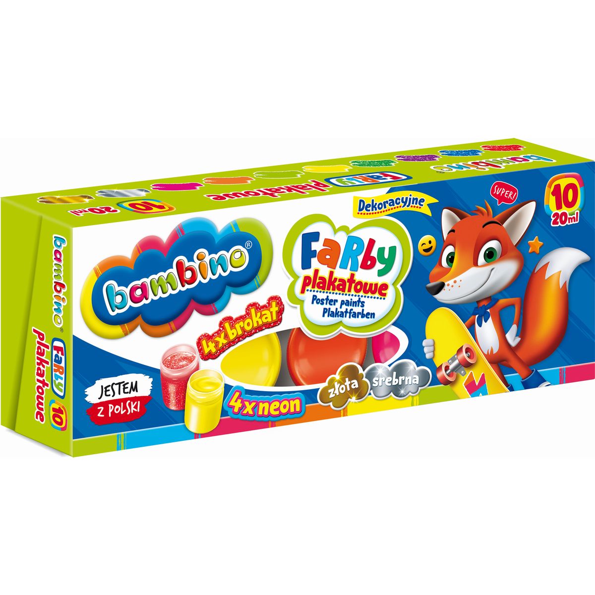 Farby plakatowe 4 x fluo + 4 brokat + srebrna i złota kolor: mix 20ml 10 kolor. St.Majewski