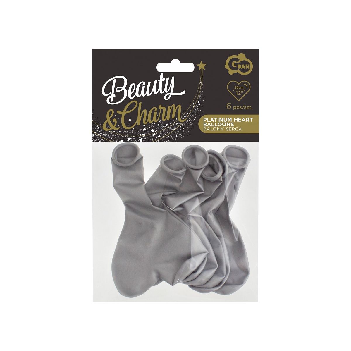 Balon gumowy Godan Beauty&Charm platynowe srebrne serca 6szt. srebrny 300mm 12cal (CB-S6LS)