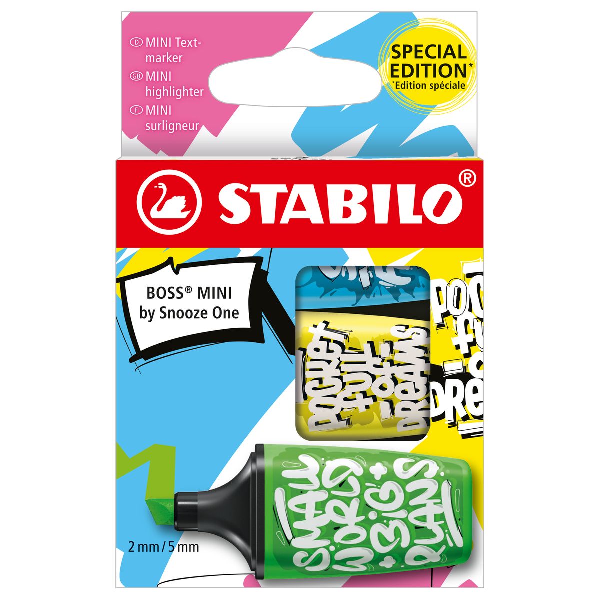 Zakreślacz Stabilo BOSS mini by SNOOZE ONE zielony,żółty, niebieski mix 2,0-5,0mm (07/03-61)