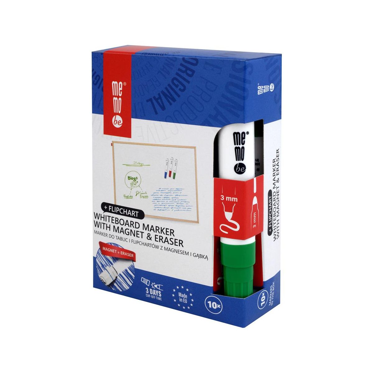 Marker suchościeralny z gąbką i  magnesem zielony zielony 1-3mm okrągła końcówka Memobe (MM351-04)