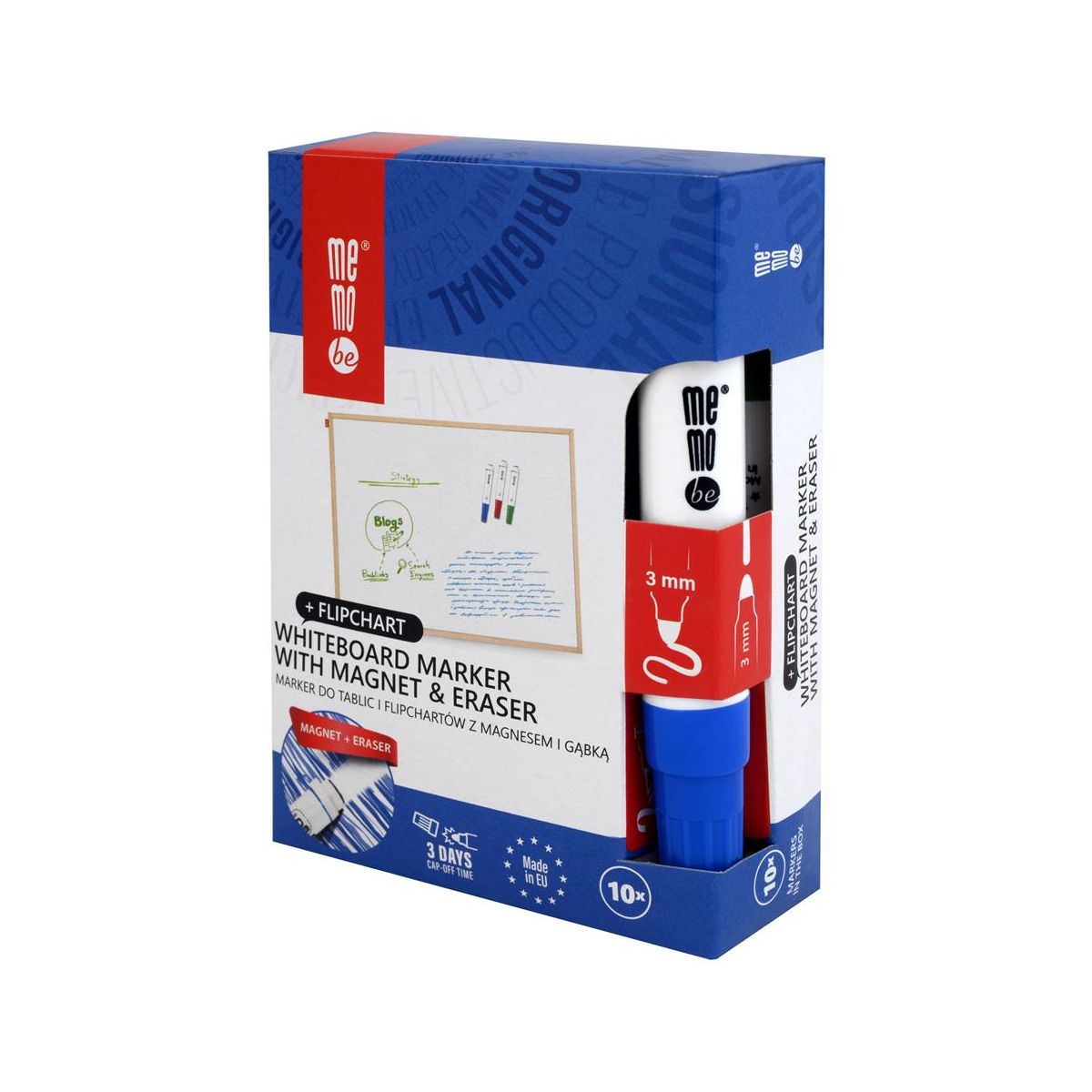 Marker suchościeralny Memobe z gąbką NIEBIESKI niebieski 1-3mm okrągła końcówka (MM351-03)