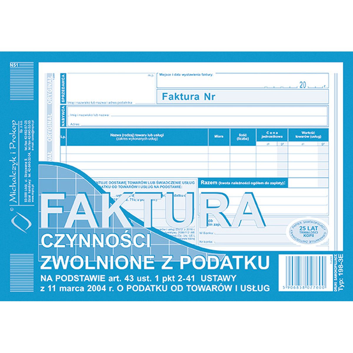 Druk offsetowy Michalczyk i Prokop Faktura czynności zwolnione z podatku A5 80k. (198-3E)