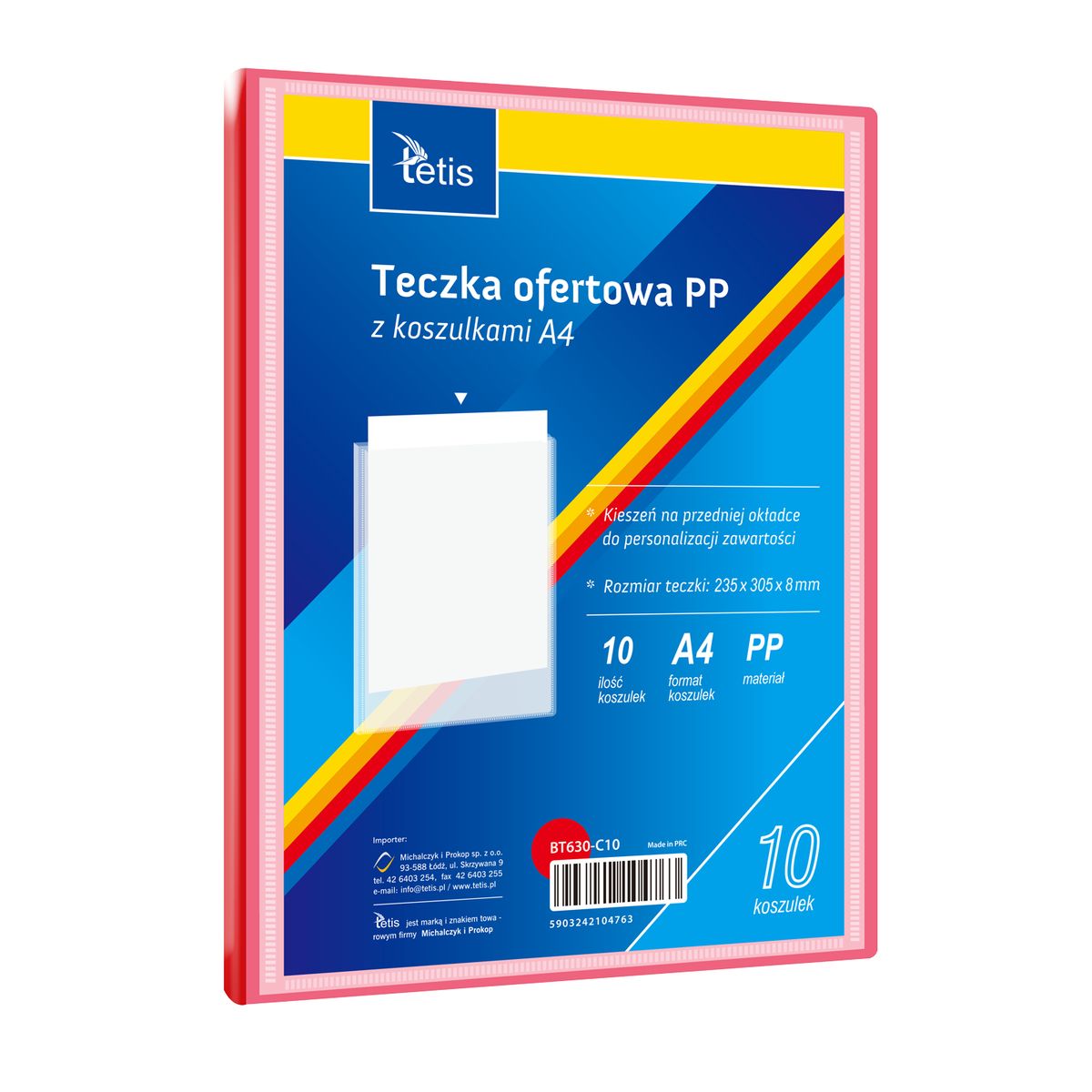 Teczka plastikowa na zatrzask czerwona A4 z 10 koszulkami 5903242104763 A4 czerwony Tetis (BT630-C10)