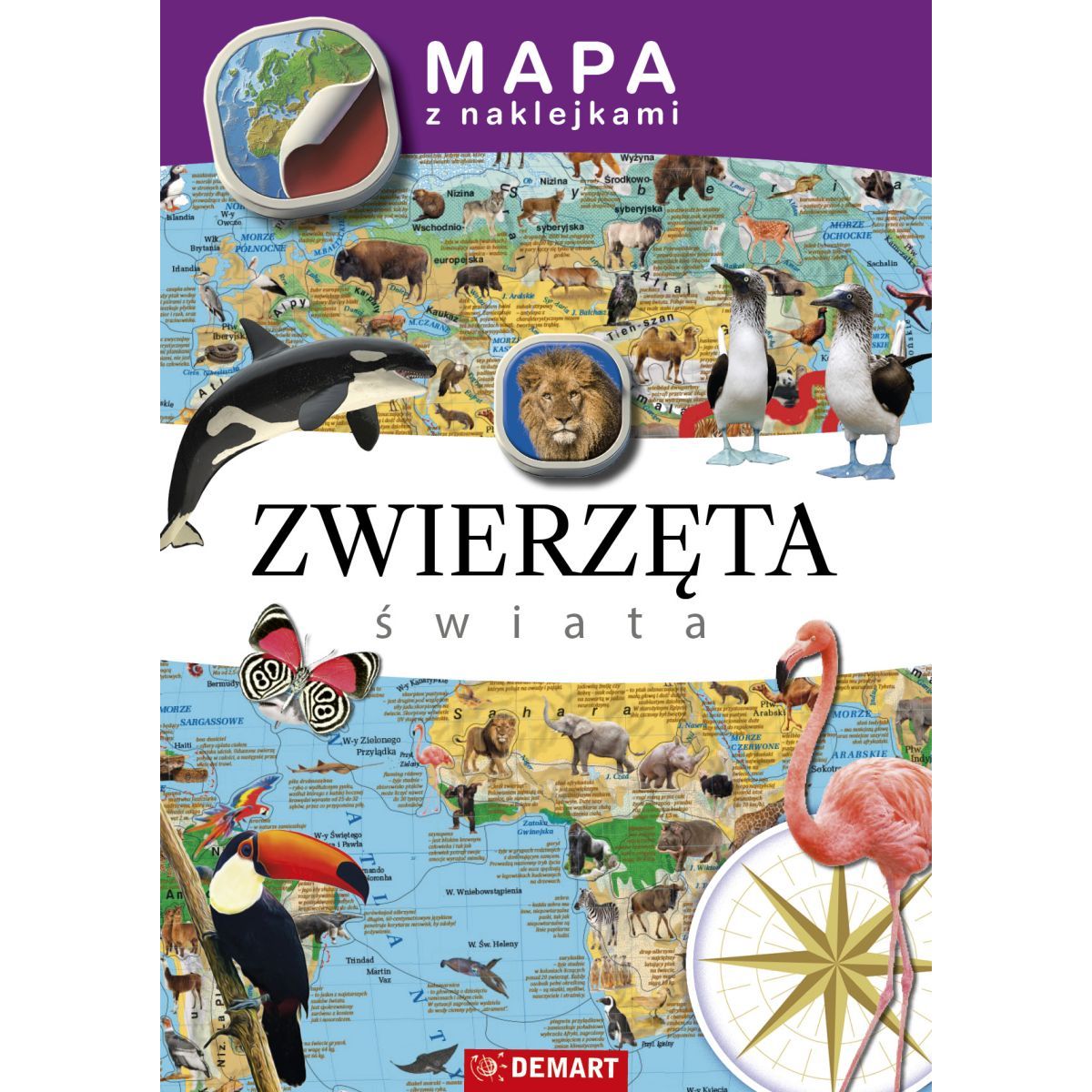 Mapa ścienna Mapy z naklejkami. Zwierzęta świata Demart