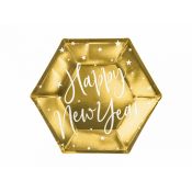 Talerz jednorazowy Partydeco w kolorze złotym lustrzanym z białym wzorem gwiazd i napisem Happy New Year, średnica ok. 20 cm (1 op. / 6 szt.) (TPP64-019M)