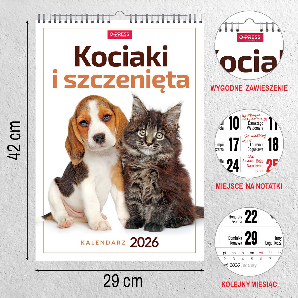 Kalendarz ścienny (401000) k:2915-377 16 stron wieloplanszowy A3 Press (kociaki i szczeniaki)