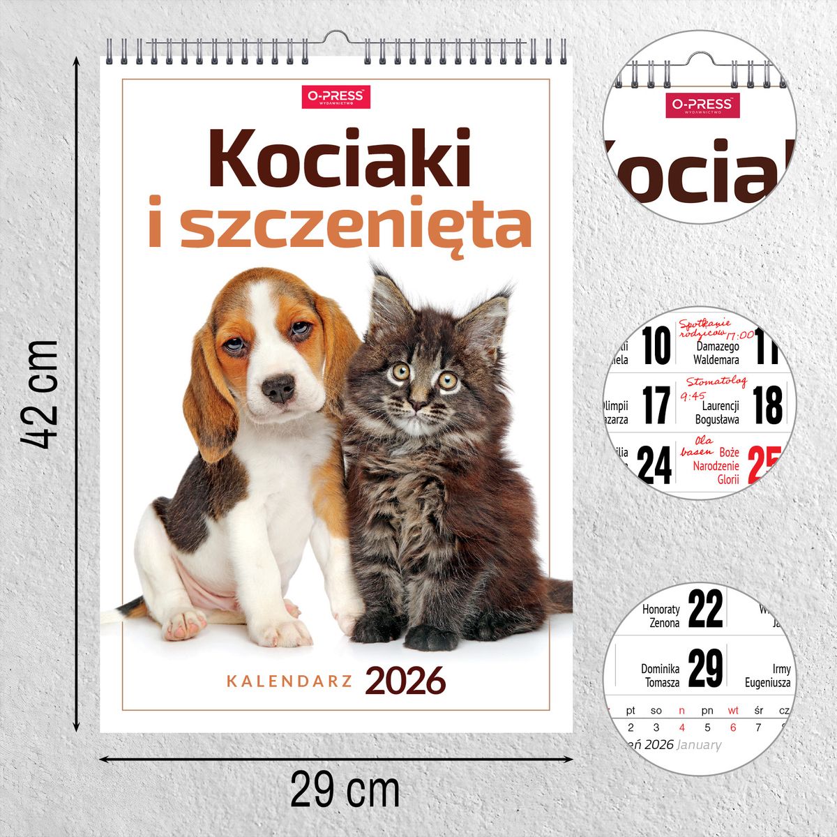 Kalendarz ścienny (401000) k:2915-377 16 stron wieloplanszowy A3 Press (kociaki i szczeniaki)