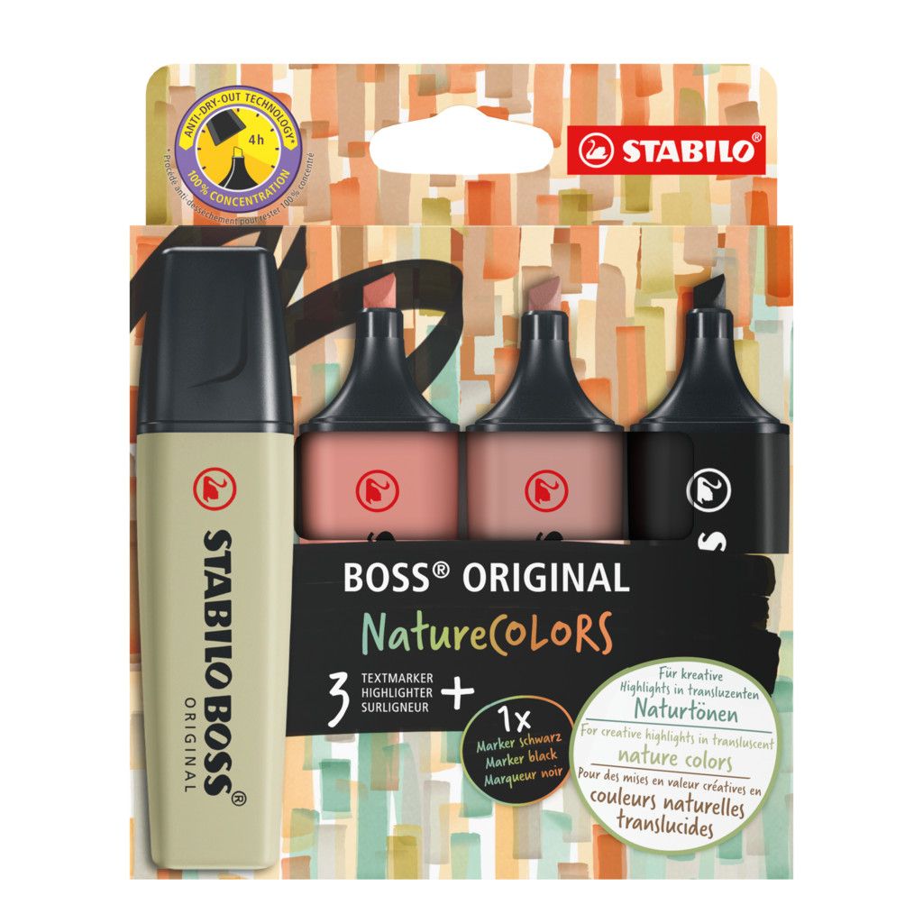 Zakreślacz BOSS NATURAL COLORS kpl 4 szt 4006381603126 wkład mix 2,0-5,0mm Stabilo (70/4-2-3)